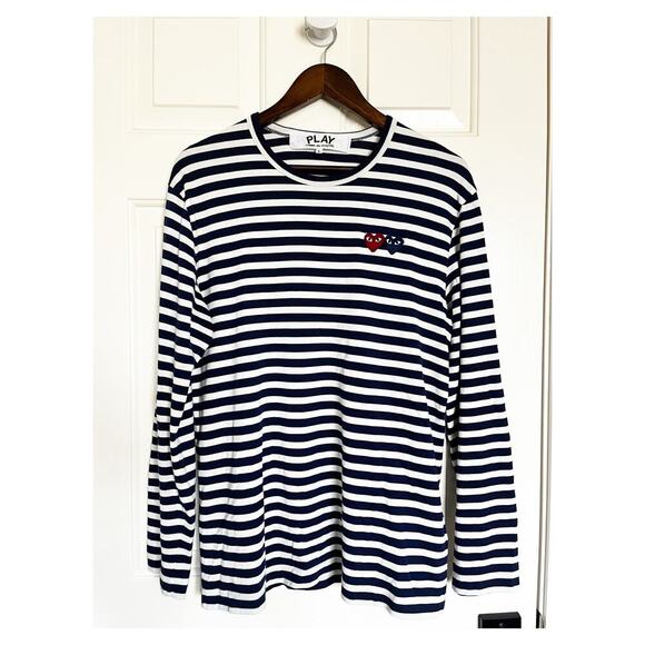 PLAY Comme de Garcons Striped Double Heart Long Sleeve Tee Large White Navy - Picture 3 of 9